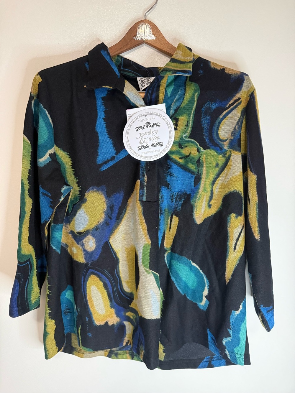Parsley & Sage NWT Black Abstract Print 3/4 Sleeve Shirt in size large